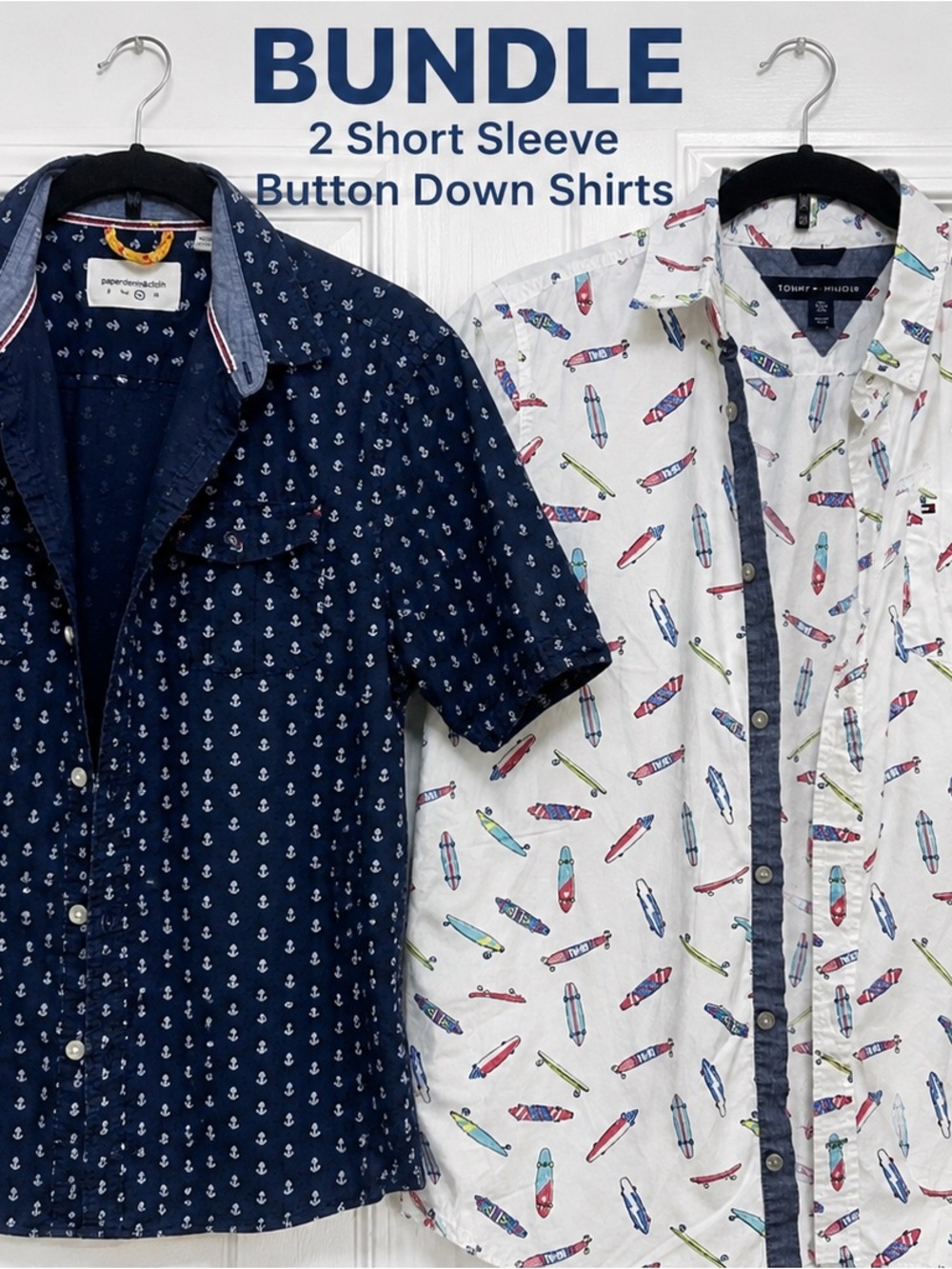 Bundle: Boys Short-Sleeve Button-Down Shirts - Navy Anchor & White Surf Print